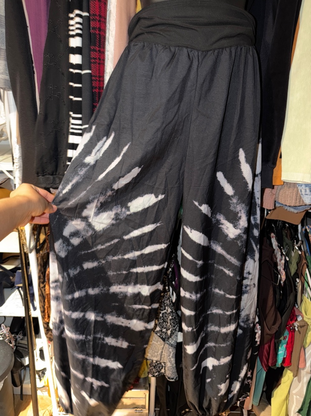 Black Tie-Dye Maxi Skirt with Fold-Over Waistband